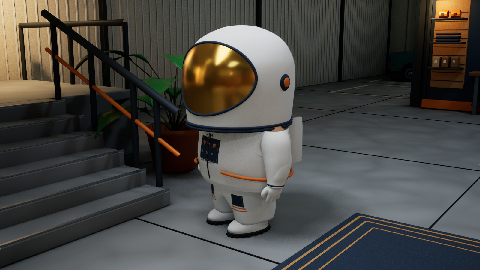 Mover in a white astronaut suit with a gold visor